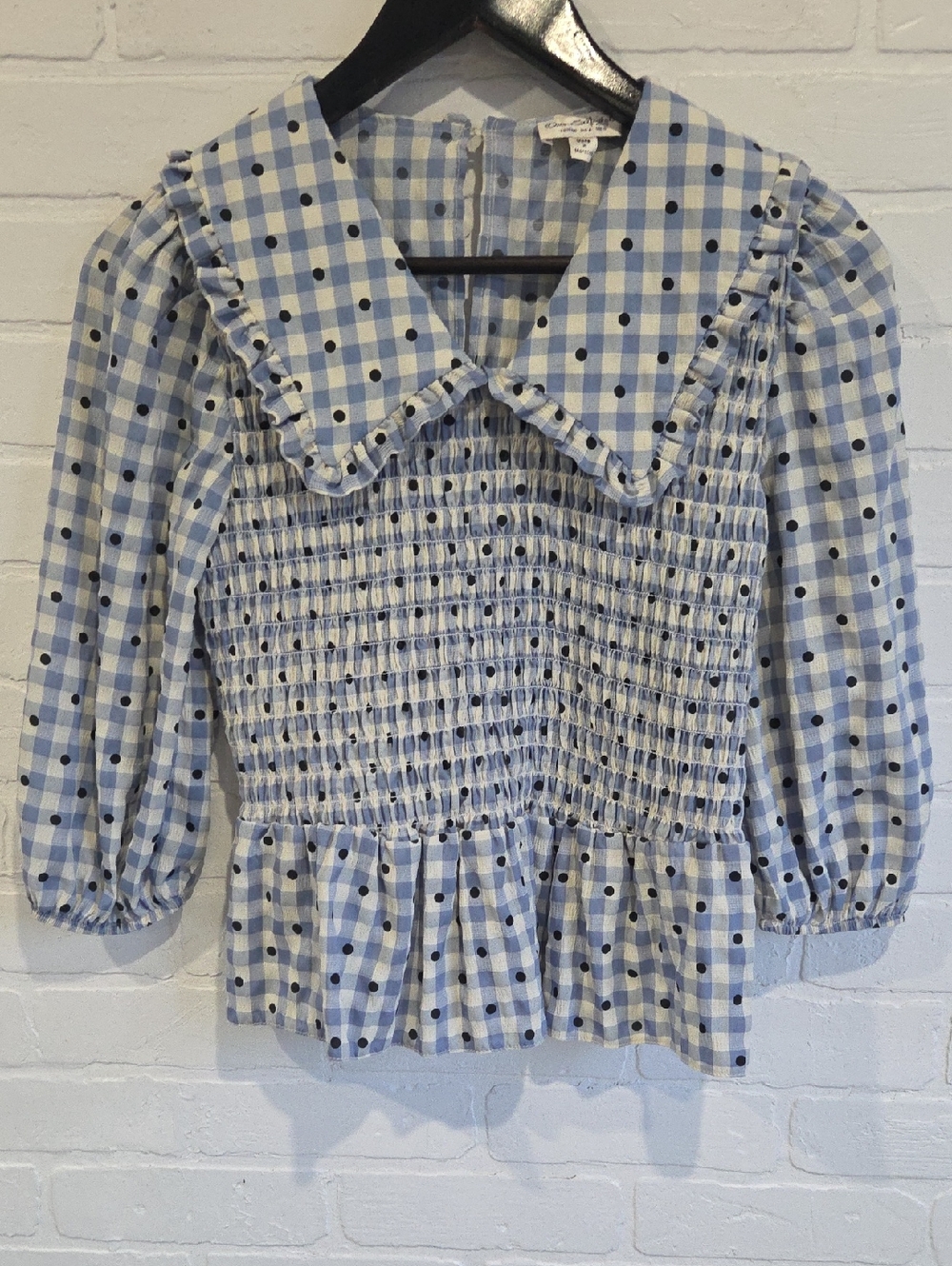 Miss Selfridge Light Blue Gingham Polka Dot Smocked Peplum Top